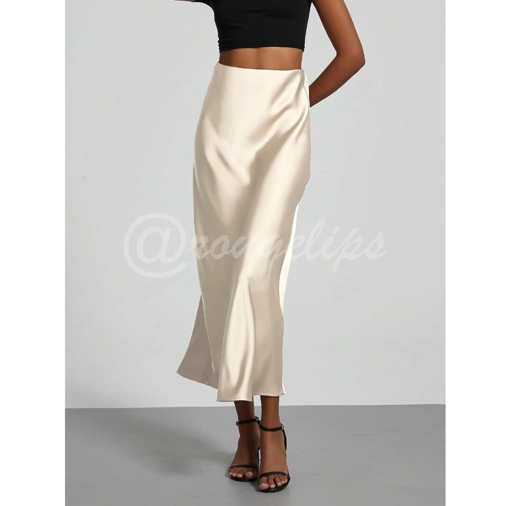 Champagne Beige Satin A-Line Skirt High Waisted Long - Picture 7 of 11